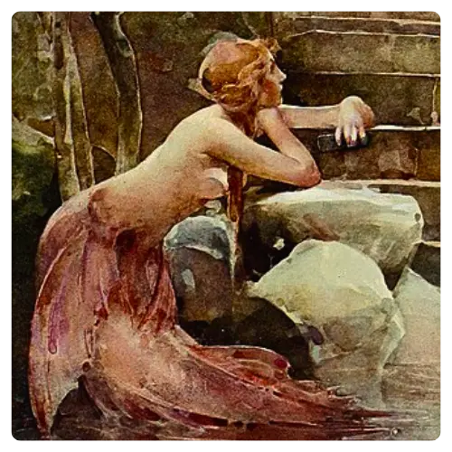 Watercolor painting of the mermaid of Zennor resting her arms on a rock, gazing upward.