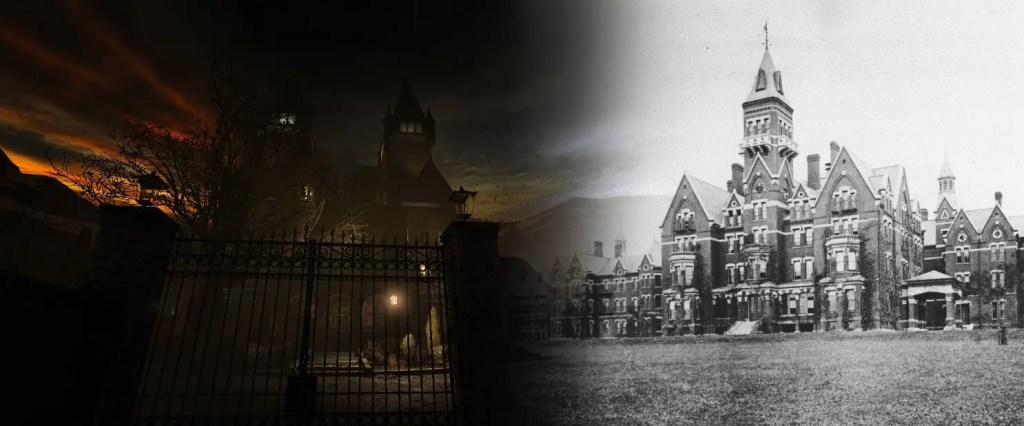 Mount Massive Asylum, the hospital horror game setting from, Outlast, on the left. On the right is the real life inspiration, being Danvers State Hospital in Massachusetts USA circa. 1893