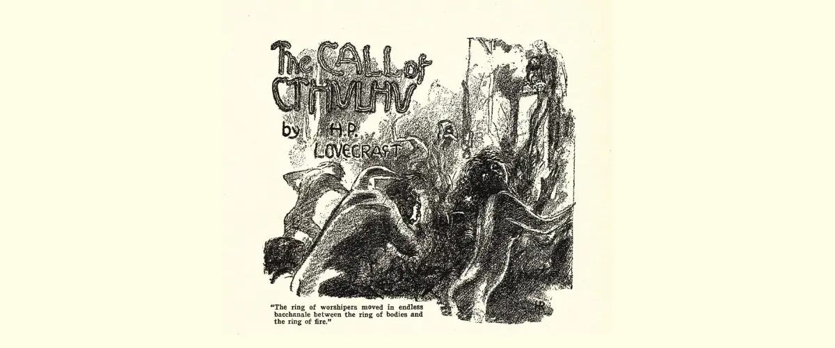 Black and white illustration for "The Call of Cthulhu" by H.P. Lovecraft showing figures in a dark ritual scene.