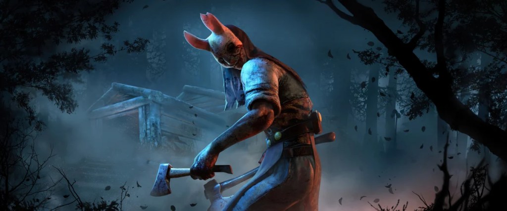 A menacing figure of the Huntress in a rabbit mask wielding an axe in a foggy, dark forest with shadowed trees and a wooden cabin in the background.