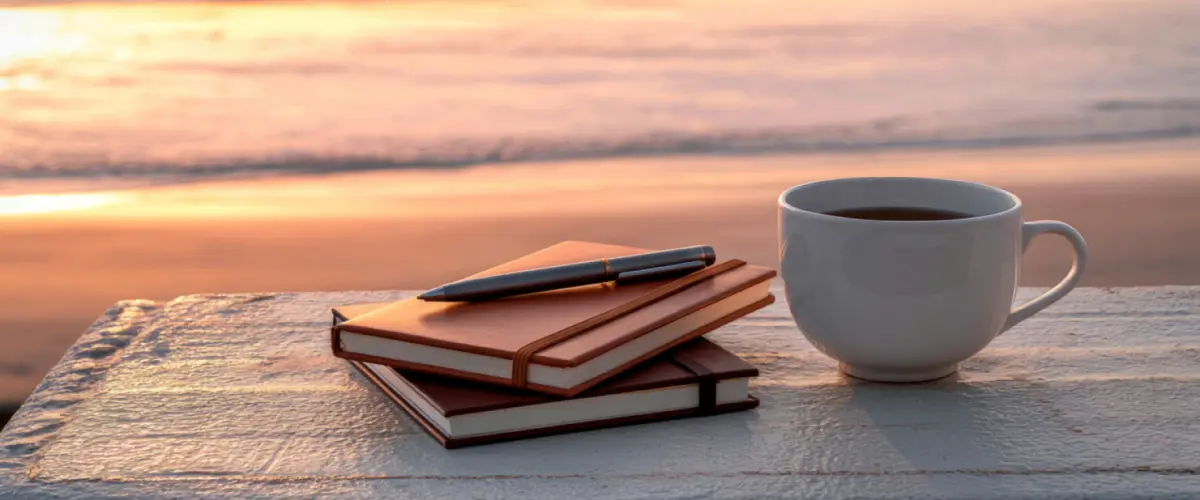 Two closed brown notebooks with a pen on top and a white cup of coffee on a table by the beach at sunset.