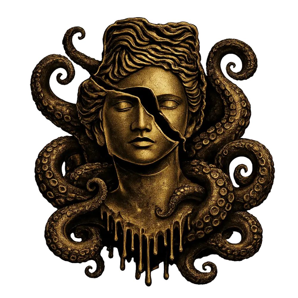 Golden cracked classical sculpture of a serene face entwined with detailed octopus tentacles.