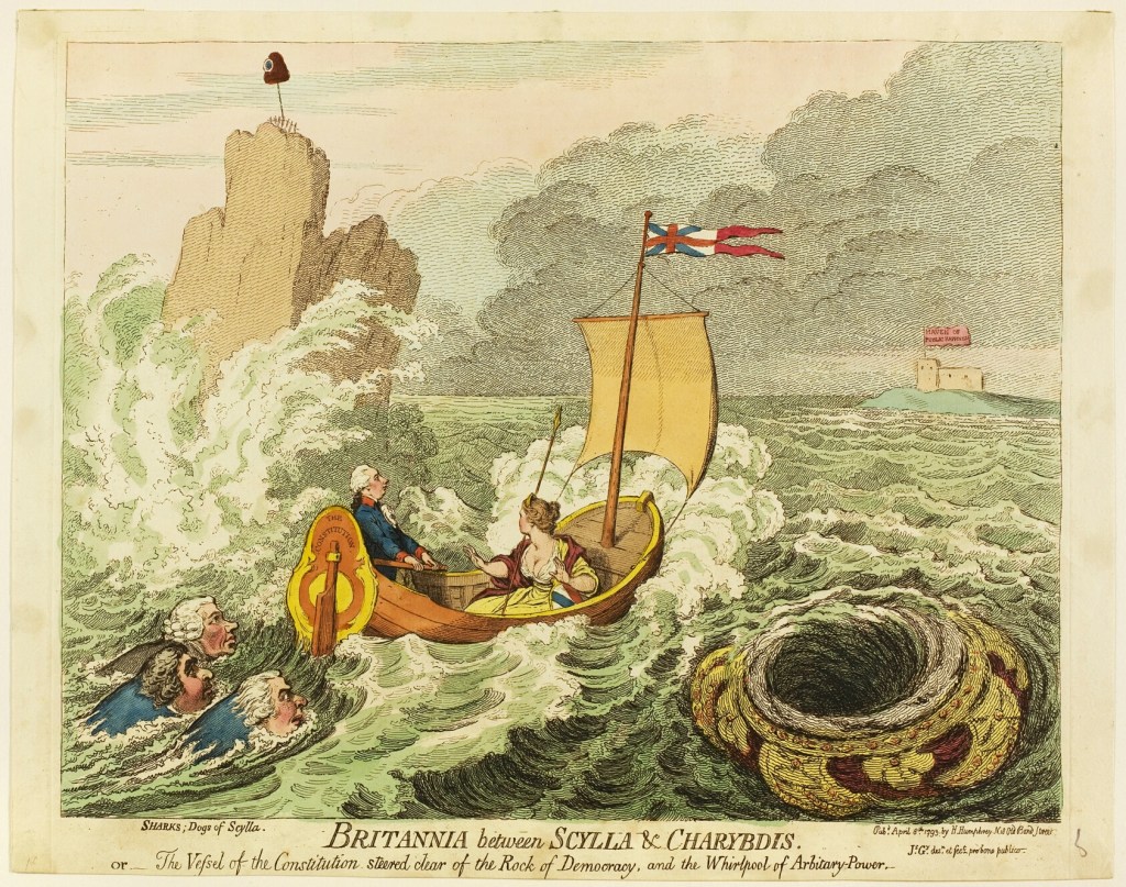 Britannia between Scylla in Greek Mythology, and Charybdis created by James Gillray (English, 1756-1815)