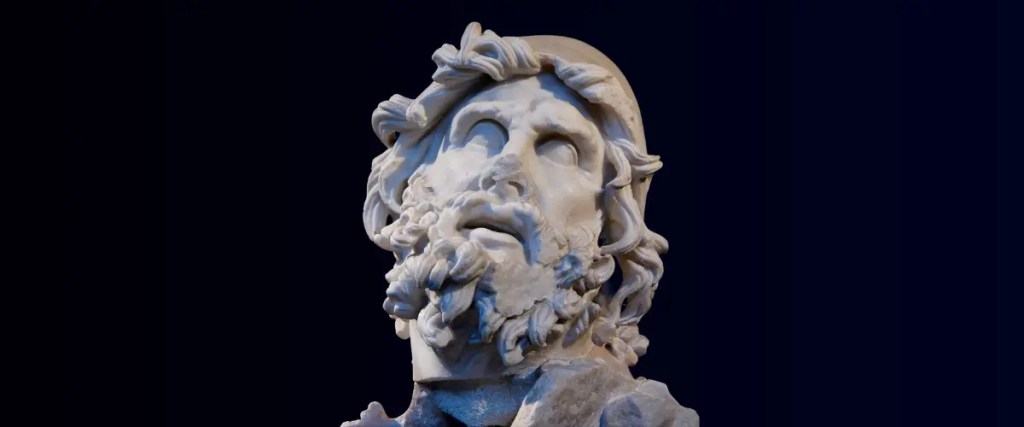 Head of Odysseus from a Roman period Hellenistic marble group representing Odysseus blinding Polyphemus, found at the villa of Tiberius at Sperlonga, Italy