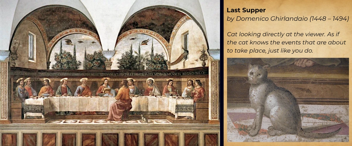 The Last Supper painting by Domenico Ghirlandaio’s and a close-up image of the cat in the painting as it looks directly at the viewer.